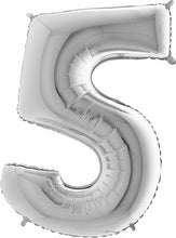 Load image into Gallery viewer, 102 cm Italian Folium Number 5 balloon in Silver by Balloon Stern in Geneva Switzerland