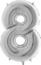 Load image into Gallery viewer, 102 cm Italian Folium Number 8 balloon in Silver by Balloon Stern in Geneva Switzerland