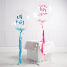 Load image into Gallery viewer, baby theme blue and pink personalized bubble balloons feather confetti