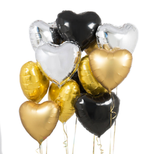 Load image into Gallery viewer, Black, Silver, Gold Valentine&#39;s hearts foil balloon bouquet by balloon stern 
