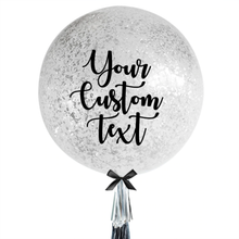 Load image into Gallery viewer, black font personalized bubble balloon silver confetti
